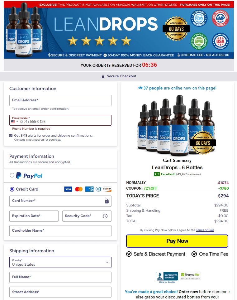 Lean Drops order checkout page